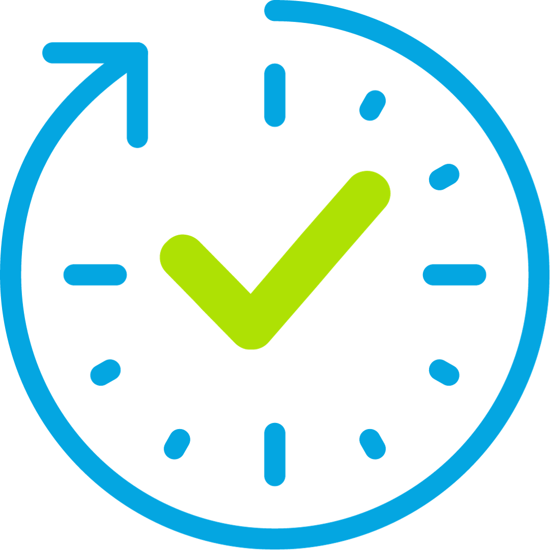 5 YEAR DURABILITY blue icon of a clock with green checkmark in the middle indicating 5-year durability