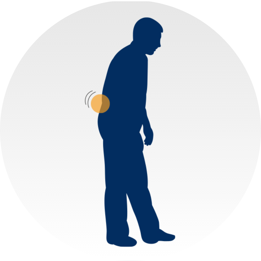 PAIN WHEN STANDING navy blue icon of person with lower back pain when standing
