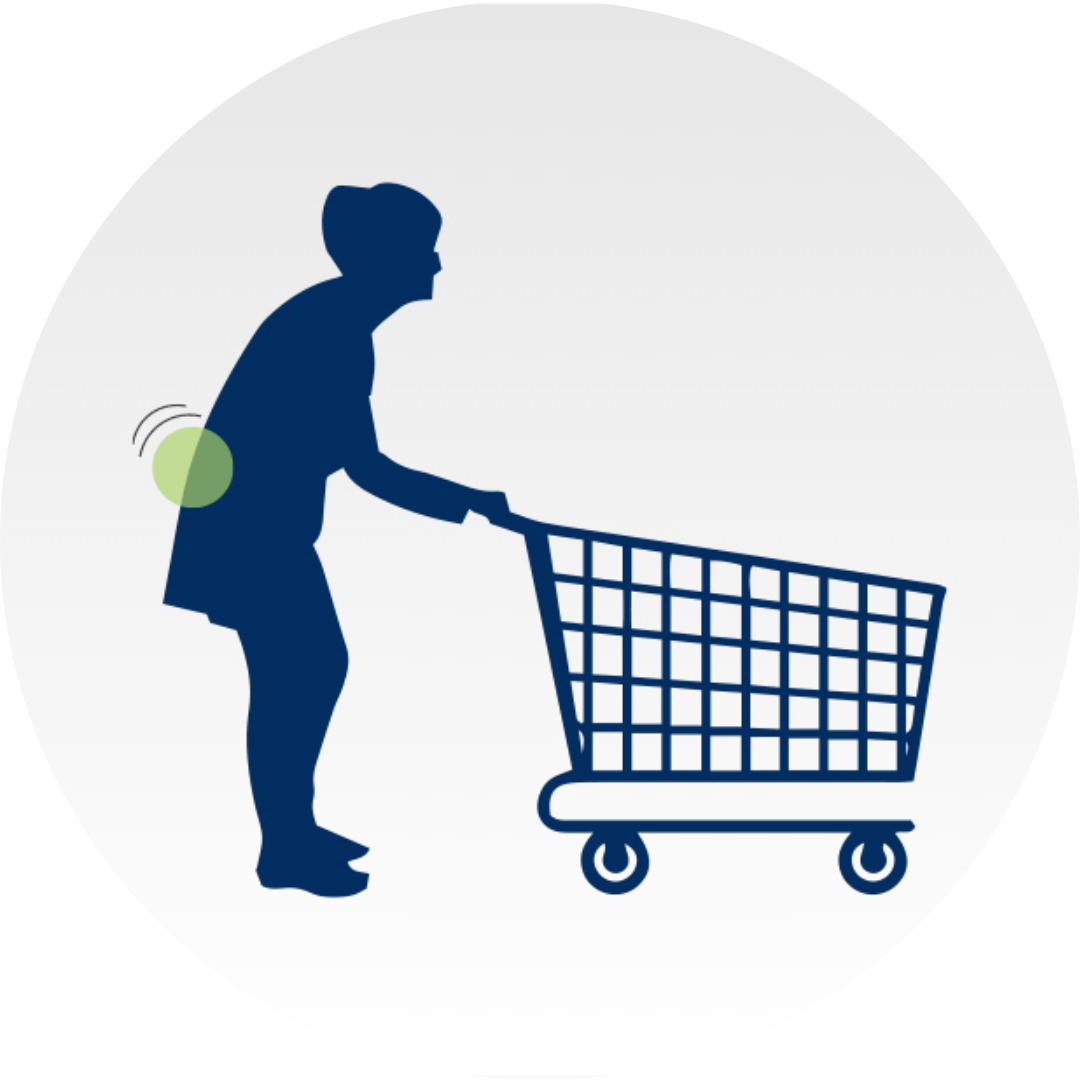 RELIEF WHEN SITTING OR BENDING FORWARD navy blue icon of an elderly woman with lower back pain when bending forward and pushing grocery cart