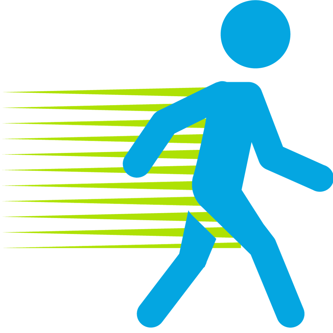 WALK 16X FARTHER Light blue icon of a person power-walking with green rays behind them. Walk 16x farther with this treatment.