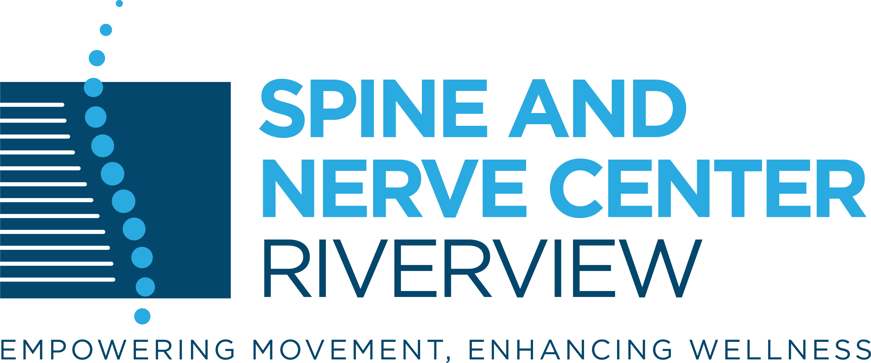 written transparent Spine and Nerve Center Riverview logo in light blue and dark blue